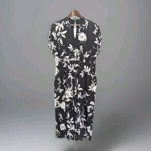 Studio One Jumpsuit Size Xl Black White Tropical Floral Print Pockets Stretchy